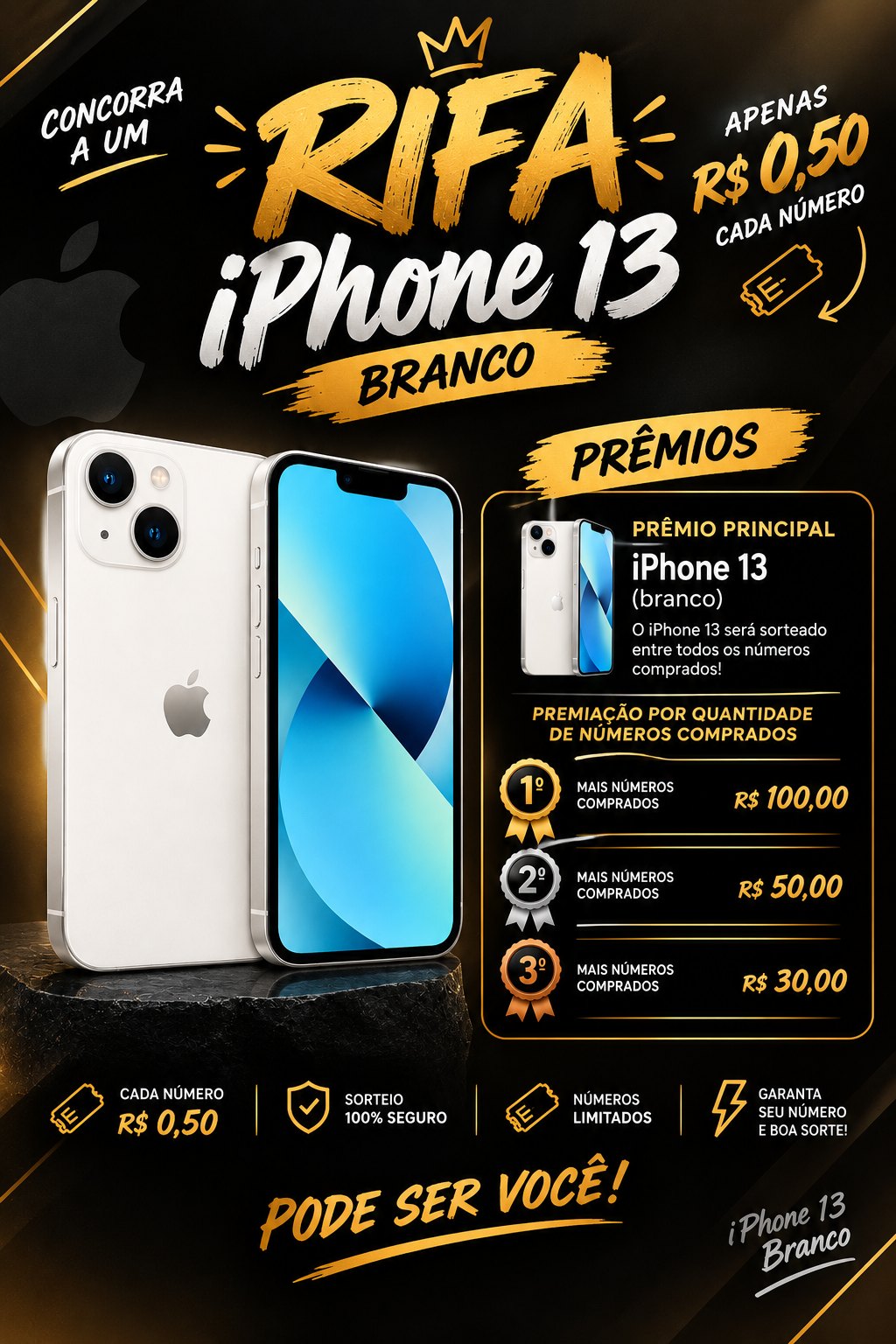 Rifa iPhone 13 branco — R$ 0,50 cada número